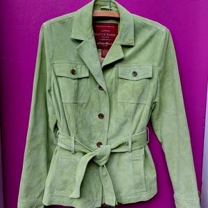 EDDIE BAUER , L, sage green,lined,  washable suede safari jacket with belt.